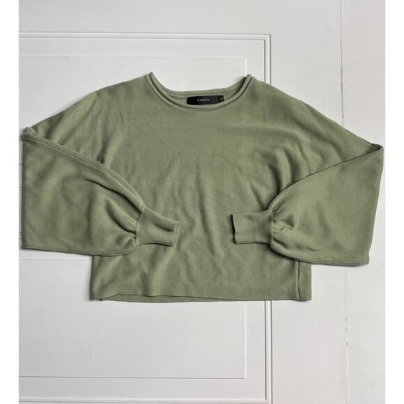 Zesica Green Long Balloon Sleeve Crew Neck Cropped Knit Sweater Womens S - Picture 1 of 5